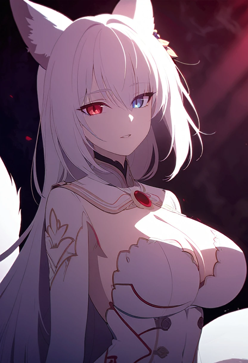 a beautiful white kitsune, big breasts, slim waist, detailed portrait, intricate details, chiaroscuro lighting, dramatic lighting, mystical, elegant, sensual, long white tail style, I would have heterochromia, one blue eye and one red eye.