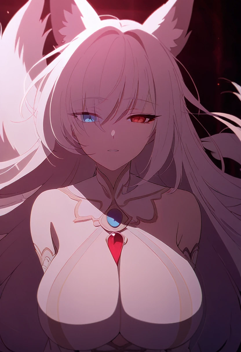 a beautiful white kitsune, big breasts, slim waist, detailed portrait, intricate details, chiaroscuro lighting, dramatic lighting, mystical, elegant, sensual, long white tail style, I would have heterochromia, one blue eye and one red eye.