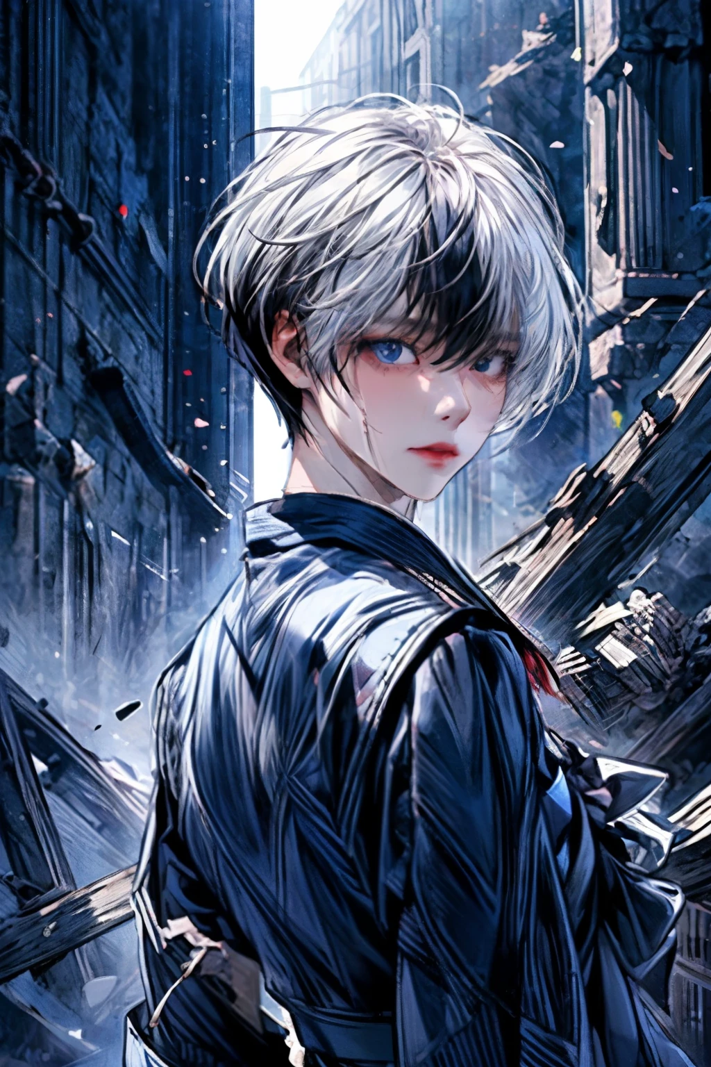 masterpiece,best quality,ultra-detailed,8k,high resolution,vulcn style, Black and Red,One Girl,(short hair:1.2),Highly detailed eyes,Highly detailed face,Very fine hair,8k,masterpiece,Highest quality,(Left and right split theme:0.8),Without gaps,Heterochromia iridis,((2 tone hair:1.0)),(Chiaroscuro:1.0),(On the left are black hair and red eyes,On the right are white hair and blue eyes:1.2),(Sailor suit:1.2),Complete Anatomy,the whole body is facing forward