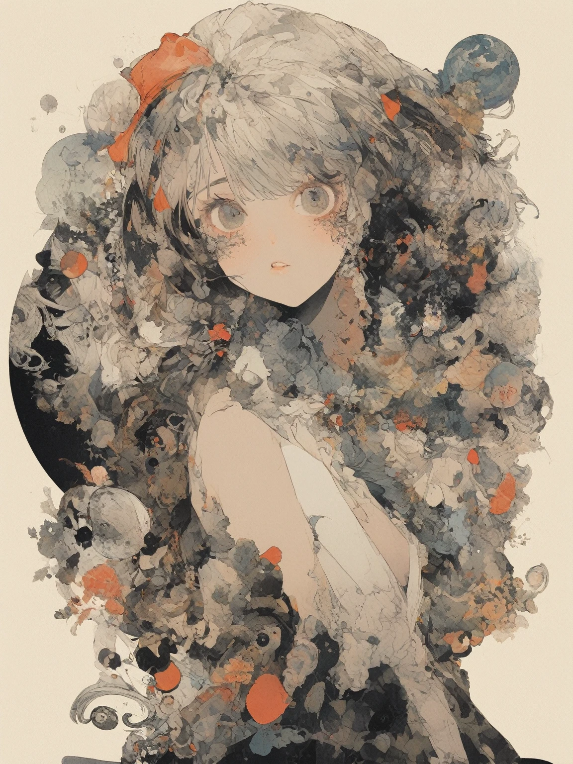 Create a potrait dramatic contemporary digital art from a collage mixed with elements of retro, surrealism, and vintage aesthetics, centering on a intricate details full body of beautiful woman with dramatic blank stare with a pose that is not stiff, details hand

