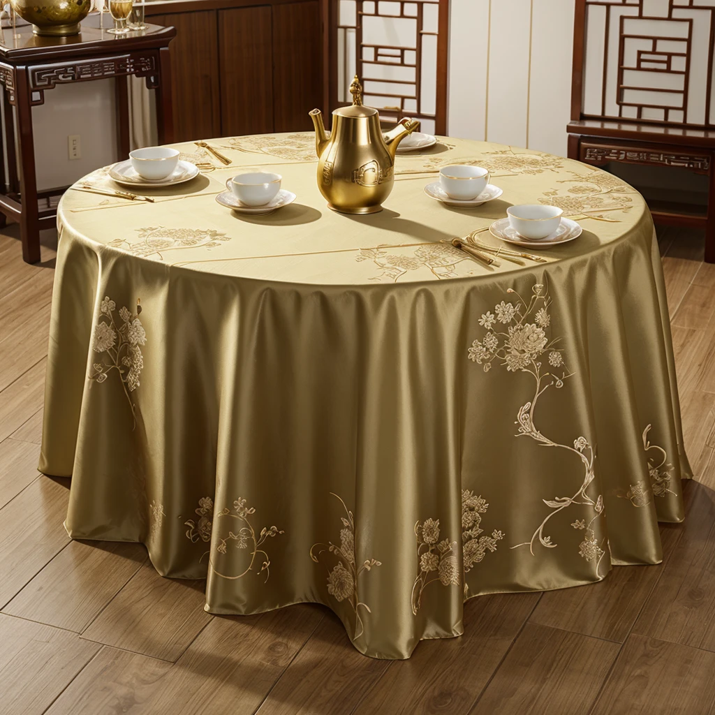 Chinese style,Chinese style桌子,Tablecloth in champagne,The skirt is dark green,Chair cover in champagne,Tableware is mainly white。
