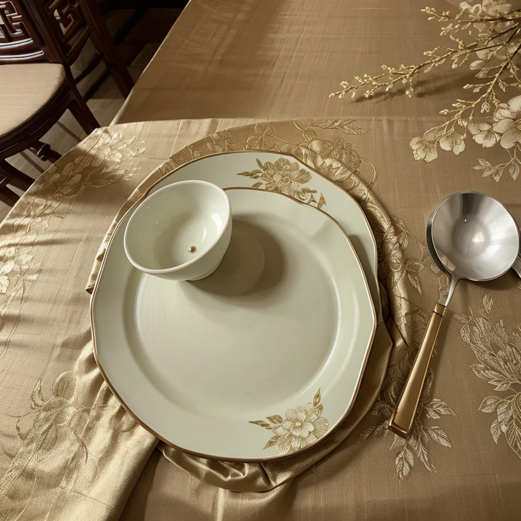 Chinese style，Chinese style桌子，Tablecloth in champagne，The skirt is dark green，Chair cover in champagne，Tableware is mainly white。