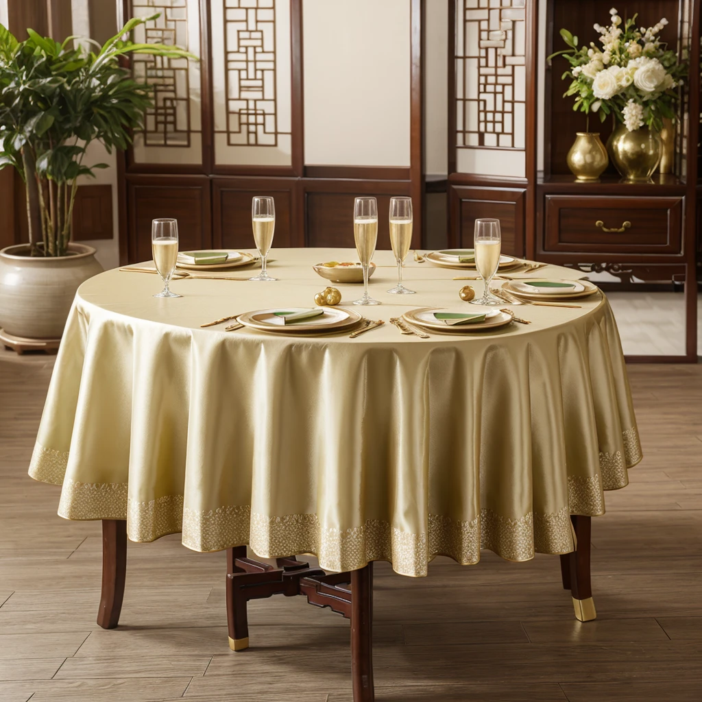 Chinese style,Chinese style桌子,Tablecloth in champagne,The skirt is dark green,Chair cover in champagne,Tableware is mainly white。