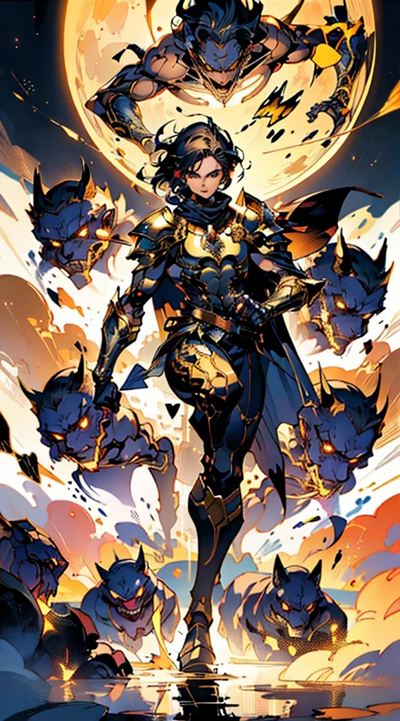 A monster humanoids puppet Master, off gender, with a slender and tall body with joints of doll, lateral cape segmened and semi transparency, legs with a golden and slender armor of moon face in the shoulder, golden and armadured neck, Lampião hat, inspired with a Bard of RPGs, this character crafted fantasy-style, character in anime style, high definition, best quality, highres, ultra-detailed, ultra-fine painting, extremely delicate, professional, anatomically correct, symmetrical face, extremely detailed eyes and face, high quality eyes, creativity, RAW photo, UHD, 8k, Natural light, cinematic lighting, masterpiece:1.5