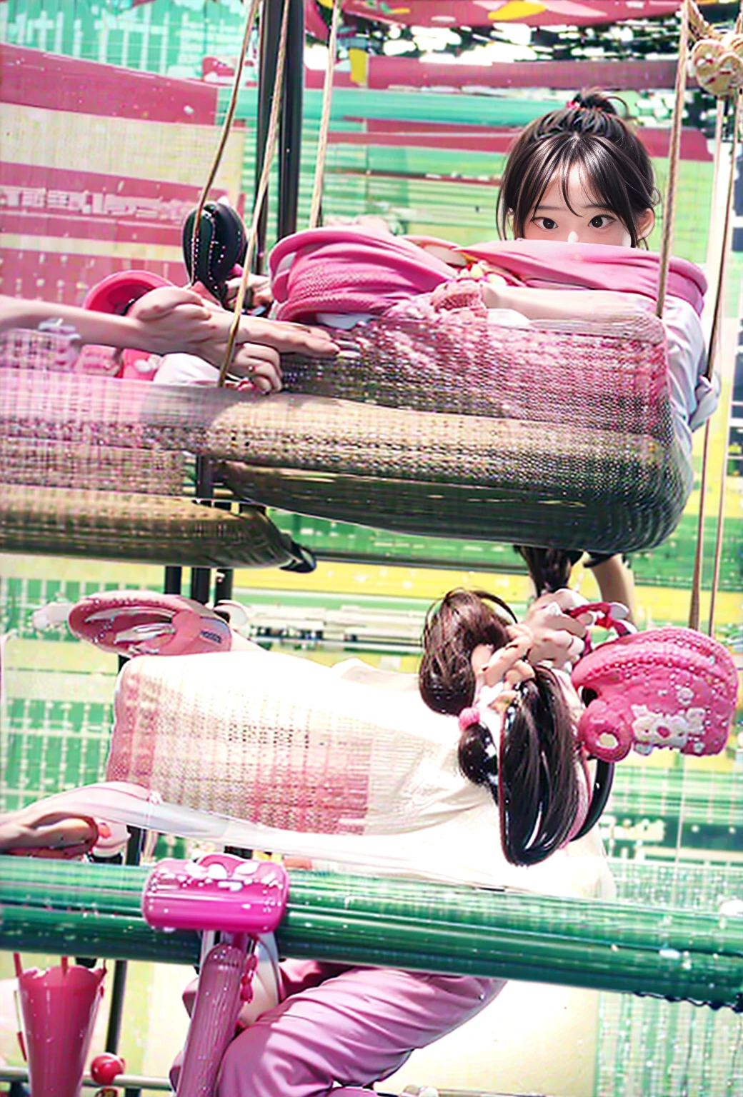 Cheerful laughter，Ice cream in hand，Sitting on the swing，There is a pink bird standing on the swing