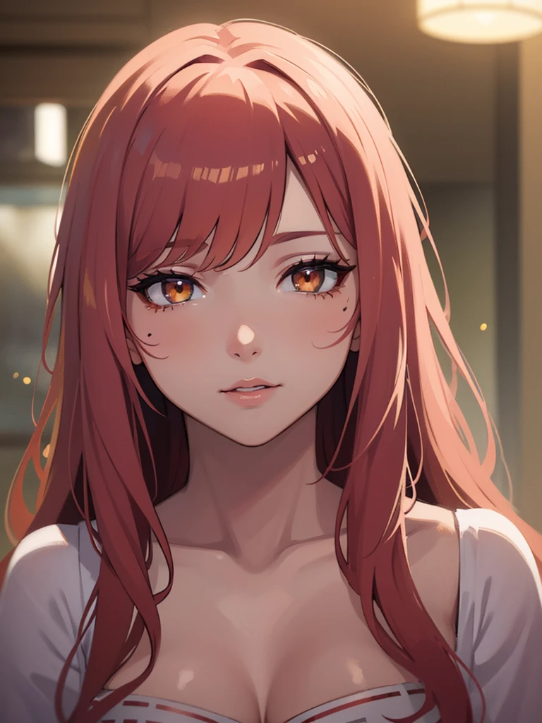 a 26 years old reddish pink haired woman with yellow highlights that are light pink at the in the ending, soft orange eyes, messy bangs, heart shaped beauty mark on her cheek, serious expression, detailed face, beautiful detailed eyes, beautiful detailed lips, extremely detailed eyes and face, long eyelashes, high quality, 8k, hyper realistic, detailed painting, digital art, vibrant colors, dramatic lighting, cinematic
