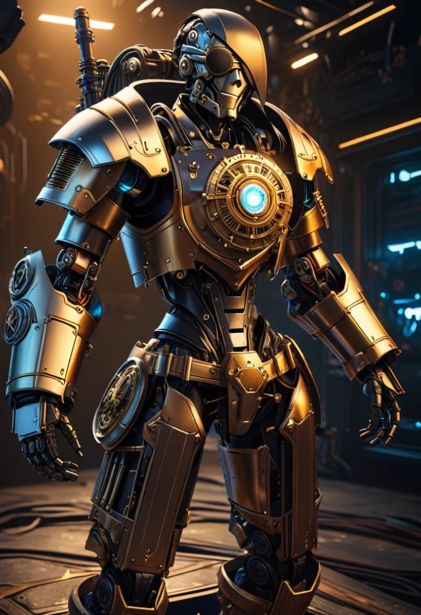 a cyberpunk pirate robot, (Single eye patch:1.3), highly detailed mechanical body, intricate metal armor, leather outfit, steampunk accessories, dramatic lighting, moody dark background, hyper detailed, 8k, photorealistic, cinematic, dramatic lighting, dynamic pose
