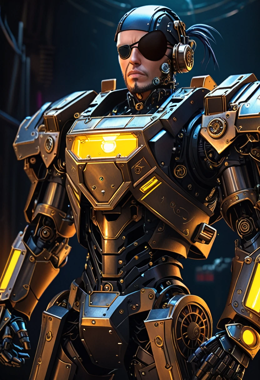a cyberpunk pirate robot, (Single eye patch:1.3), highly detailed mechanical body, intricate metal armor, leather outfit, steampunk accessories, dramatic lighting, moody dark background, hyper detailed, 8k, photorealistic, cinematic, dramatic lighting, dynamic pose