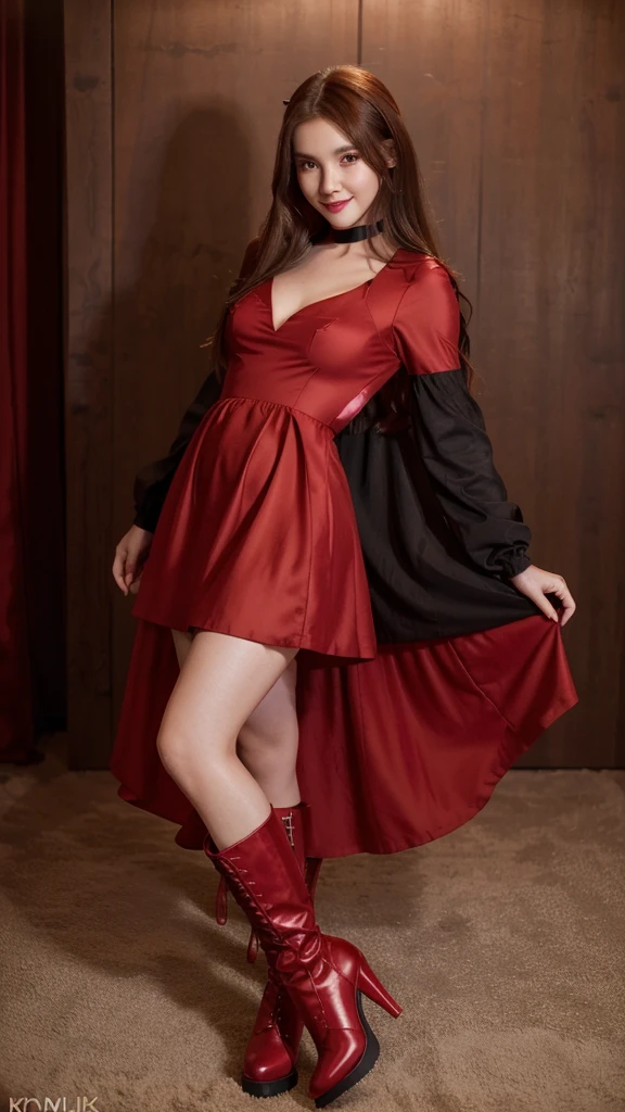 Long dark brown hair, smiling slightly, beautiful visuals, red nails, cute, kpop member, beautiful, red kpop idol dress with blacked heeled boots, red head accessories, fluffy dress, badass dress, kpop idol makeup, red dress, red dress, posing beautifully, stomach to head shot