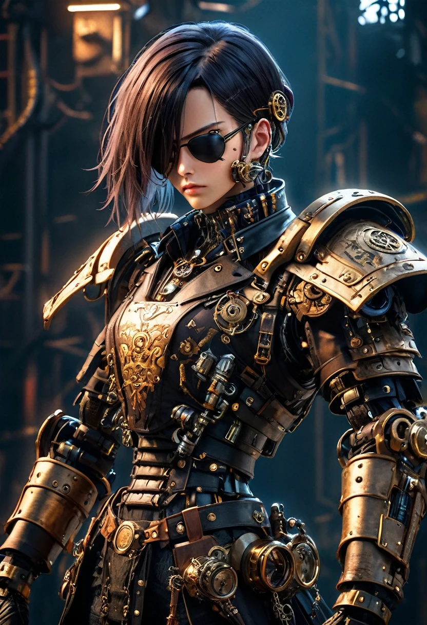 a cyberpunk pirate robot, (Single eye patch:1.3), highly detailed mechanical body, intricate metal armor, leather outfit, steampunk accessories, dramatic lighting, moody dark background, hyper detailed, 8k, photorealistic, cinematic, dramatic lighting, dynamic pose