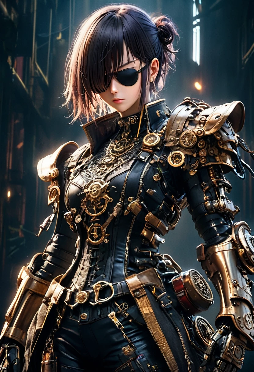 a cyberpunk pirate robot, (Single eye patch:1.3), highly detailed mechanical body, intricate metal armor, leather outfit, steampunk accessories, dramatic lighting, moody dark background, hyper detailed, 8k, photorealistic, cinematic, dramatic lighting, dynamic pose