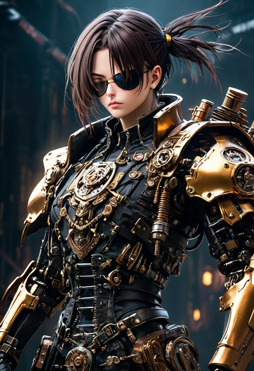 a cyberpunk pirate robot, (Single eye patch:1.3), highly detailed mechanical body, intricate metal armor, leather outfit, steampunk accessories, dramatic lighting, moody dark background, hyper detailed, 8k, photorealistic, cinematic, dramatic lighting, dynamic pose