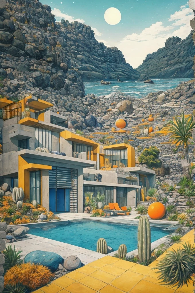 An illustration in collage style, with giant boulders, brutalist building sections, terraces, stairs, cacti, agave, concrete texture, multiple geometric shapes, hatch and cross hatching, planet saturn, volcano, moon, Luis Barragán's architectural style build, milky way galaxy, violet, one motorcycle, An illustration in collage style, with giant boulders, brutalist building sections, stairs, cacti, agave, concrete texture, multiple geometric shapes, hatch and cross hatching, planet saturn, volcano, moon, Luis Barragán's architectural style build, reflective pool, terraces. An elegant and modern build, in top of big boulders, with terraces, materials concrete, wood, steel and crystal, various gardens with tropical vegetation, cacti and rocks, stairs, a pool. In middle of sea, a big wave near, sunset, mountains and a volcano in the horizont, cute islands around, illustration format, cute color palette, detailed, masterpiece, award-winning work, clouds, Illustration, a garden with abundant cacti, ((various organic sculptures)), ((big rocks)), (((multiple sections))), collage style, detailed, (((color palette (olive green), (Mustard orange), cool grey, ((blue)), black and white))), (((a lot Luis barragán's architecture style builds))) big clouds, volcano in horizon, stairs, in the desert. ((masterpiece, best quality)),illustration,ultra detailed 8k, ((Ori Toor visual style)),soviet, megabuildings, megastructures, buildings, organic steel sculpture