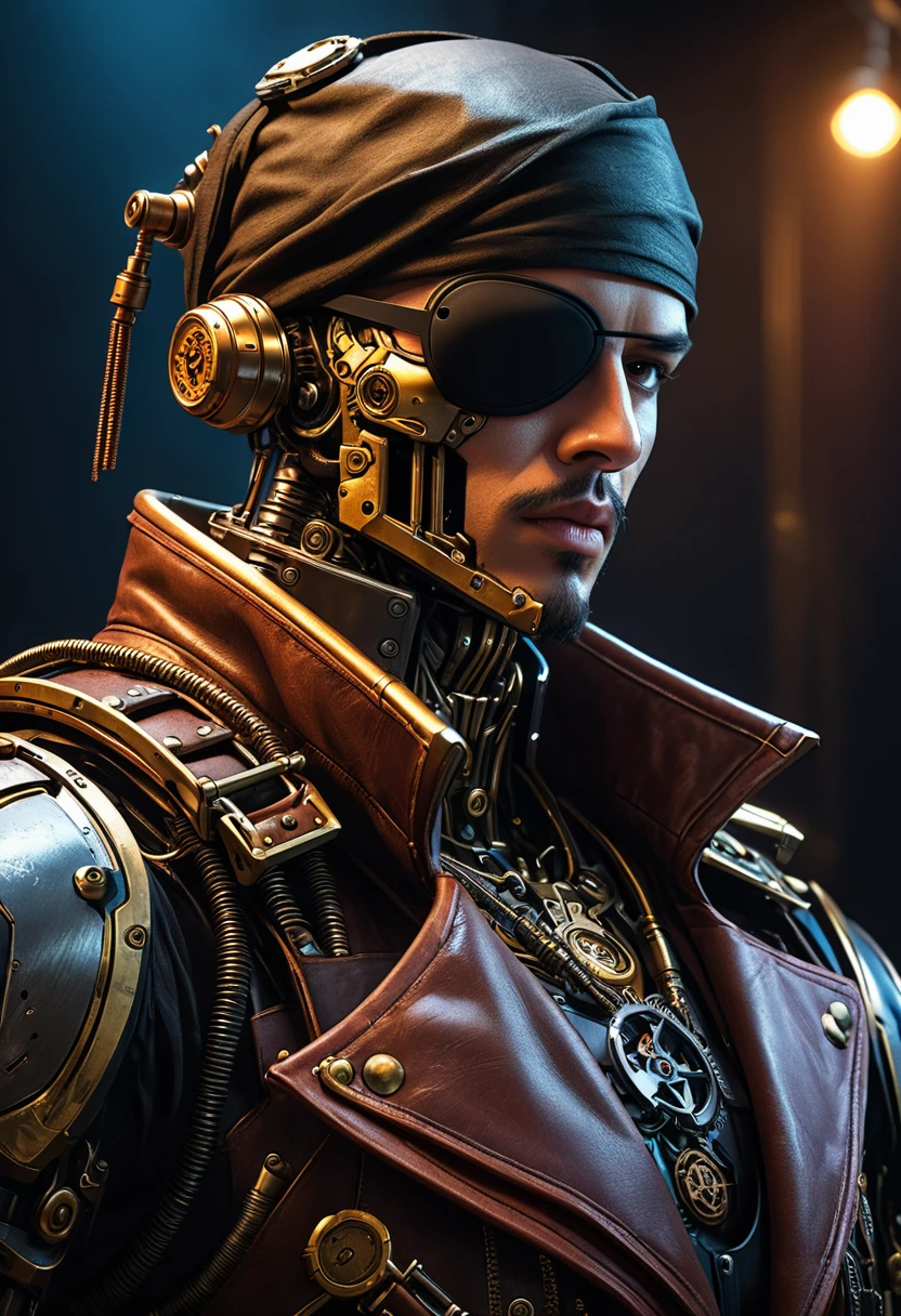 a cyberpunk pirate robot, (Single eye patch:1.3), highly detailed mechanical body, intricate metal armor, leather outfit, steampunk accessories, dramatic lighting, moody dark background, hyper detailed, 8k, photorealistic, cinematic, dramatic lighting, dynamic pose