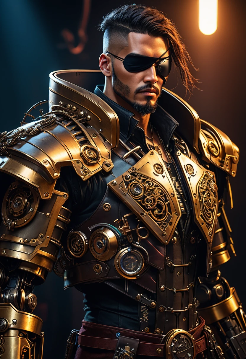 a cyberpunk pirate robot, (Single eye patch:1.3), highly detailed mechanical body, intricate metal armor, leather outfit, steampunk accessories, dramatic lighting, moody dark background, hyper detailed, 8k, photorealistic, cinematic, dramatic lighting, dynamic pose