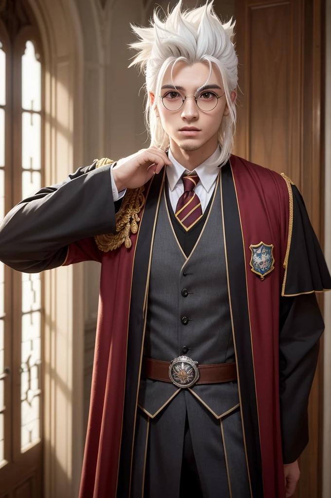 Hello, crie um personagem masculino muito masculino, inspirado no universo de Harry Potter, 50 years after the second wizarding war. Henrique tem olhos claros cor de mel que parecem brilhar com curiosidade constante. His hair is white and short, with a mohawk with a gradient on the side, giving it a distinctly ethereal appearance. He's agile and athletic, frequentemente visto com uma postura confiante e em movimento. Idade de 15 anos, wearing Hogwarts clothes without belonging to a specific house. Realistic front image that makes you look like a Brazilian
