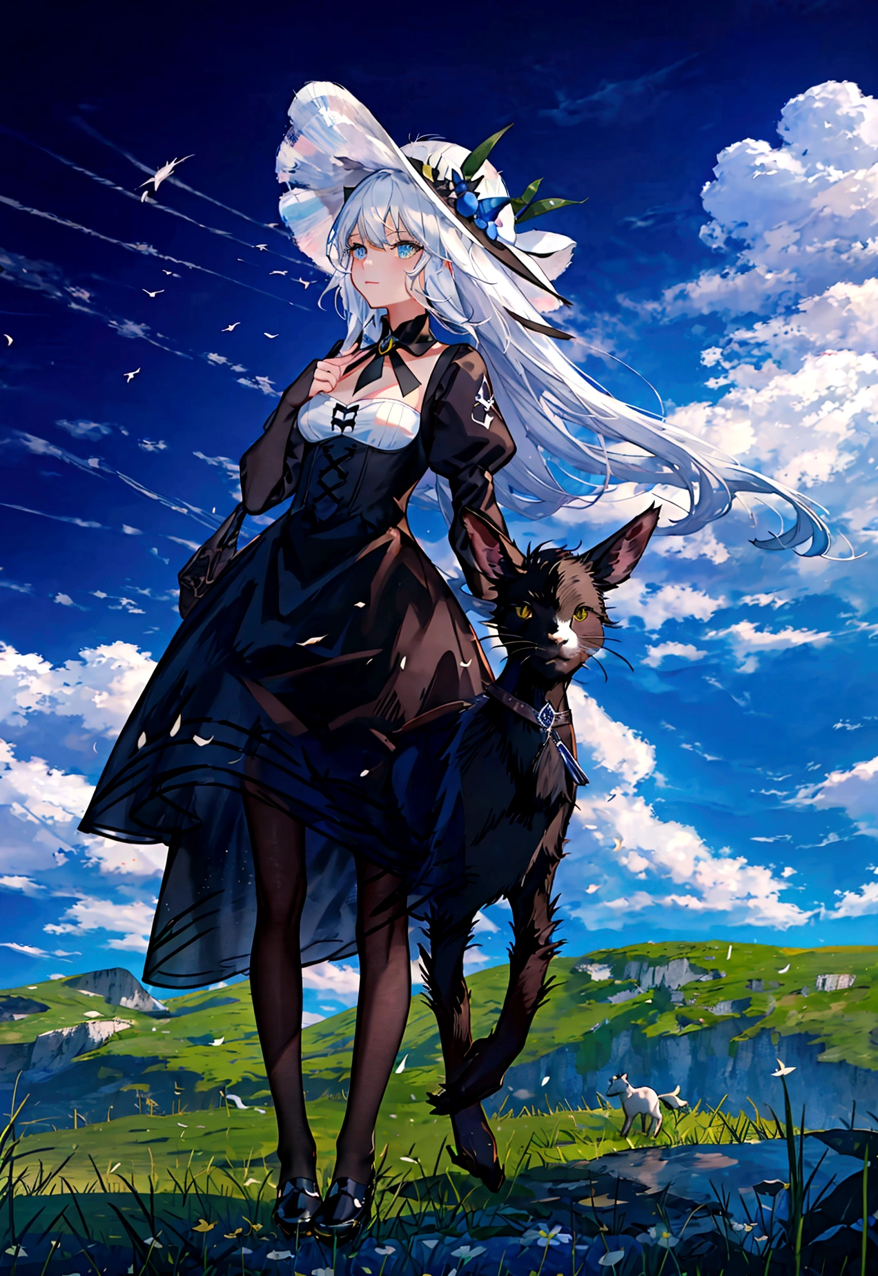 A black cat and a white baby goat are playing,grassland,Summer sky,blue sky,cumulonimbus,Close-up