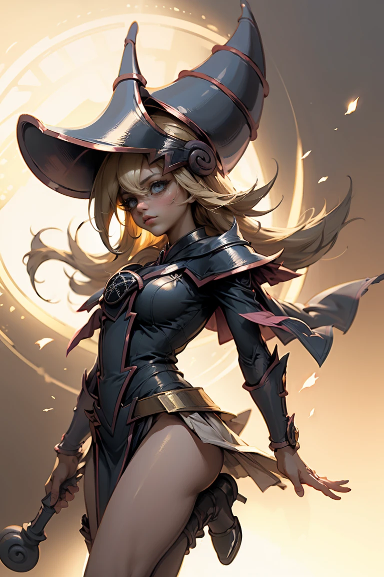 (masterpiece:1.2), (The best quality:1.2), perfect lighting, Dark Magician Girl casting a spell, in battle. floating in the air, visible medium tits, transparent neckline, blue robe, big hat, from above, Sparkles, Yugioh game, The magic of the heart. LIGHTS OF THE HEART, romantic heart. She wears heels. has heels. Wear heels 