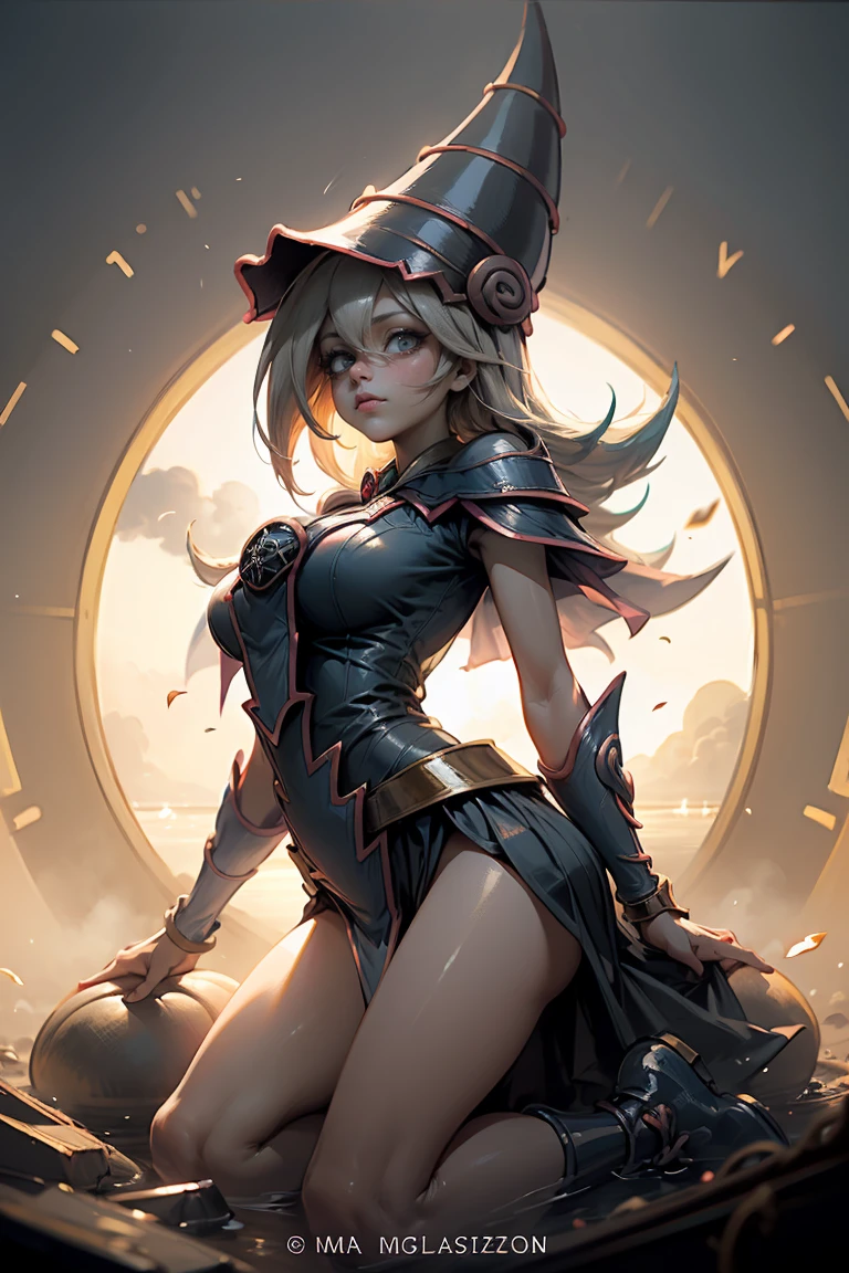 (Obra maestra:1.2), (La mejor calidad:1.2), perfect lighting, Chica Maga Oscura lanzando un hechizo, En sus veinte, flotando en el aire, tetas grandes, escote, bata azul, sombrero grande, desde arriba, Destellos, Yugioh juego, magic of the heart. luces del corazon, Romantic heart