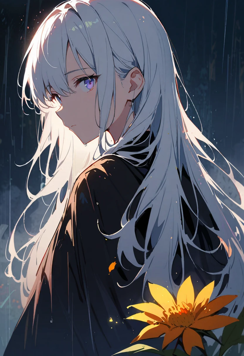 1 Girl,Solitary,1 Girl,Solitary,((Beautiful and delicate eyes)), (Detailed lighting),Depth of Field,(White hair),Silver Eyes,Hair covering one eye,(safflower ), Flowering,Long hair,Black cape,wet,callous,look back,night,Starfall,rain,FOG,safflowers falling,sketch,Upper Body,Strong shadows,