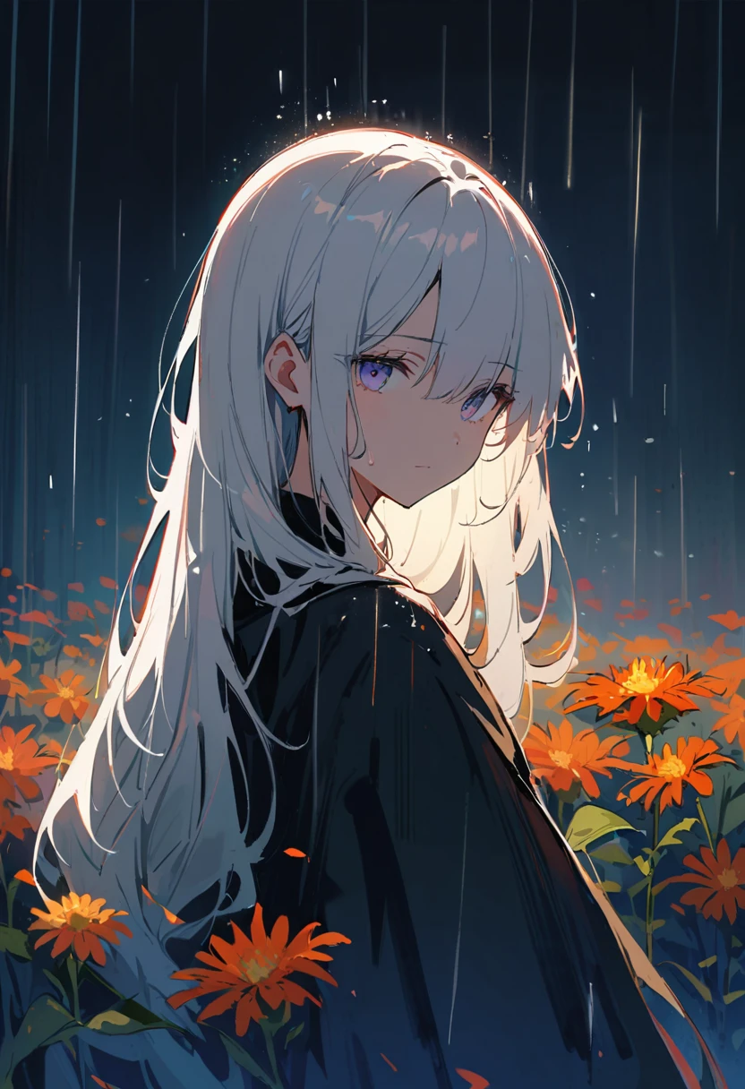 1 Girl,Solitary,1 Girl,Solitary,((Beautiful and delicate eyes)), (Detailed lighting),Depth of Field,(White hair),Silver Eyes,Hair covering one eye,(safflower ), Flowering,Long hair,Black cape,wet,callous,look back,night,Starfall,rain,FOG,safflowers falling,sketch,Upper Body,Strong shadows,