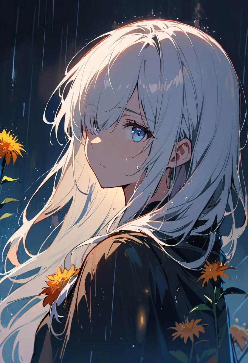 1 Girl,Solitary,1 Girl,Solitary,((Beautiful and delicate eyes)), (Detailed lighting),Depth of Field,(White hair),Silver Eyes,Hair covering one eye,(safflower ), Flowering,Long hair,Black cape,wet,callous,look back,night,Starfall,rain,FOG,safflowers falling,sketch,Upper Body,Strong shadows,