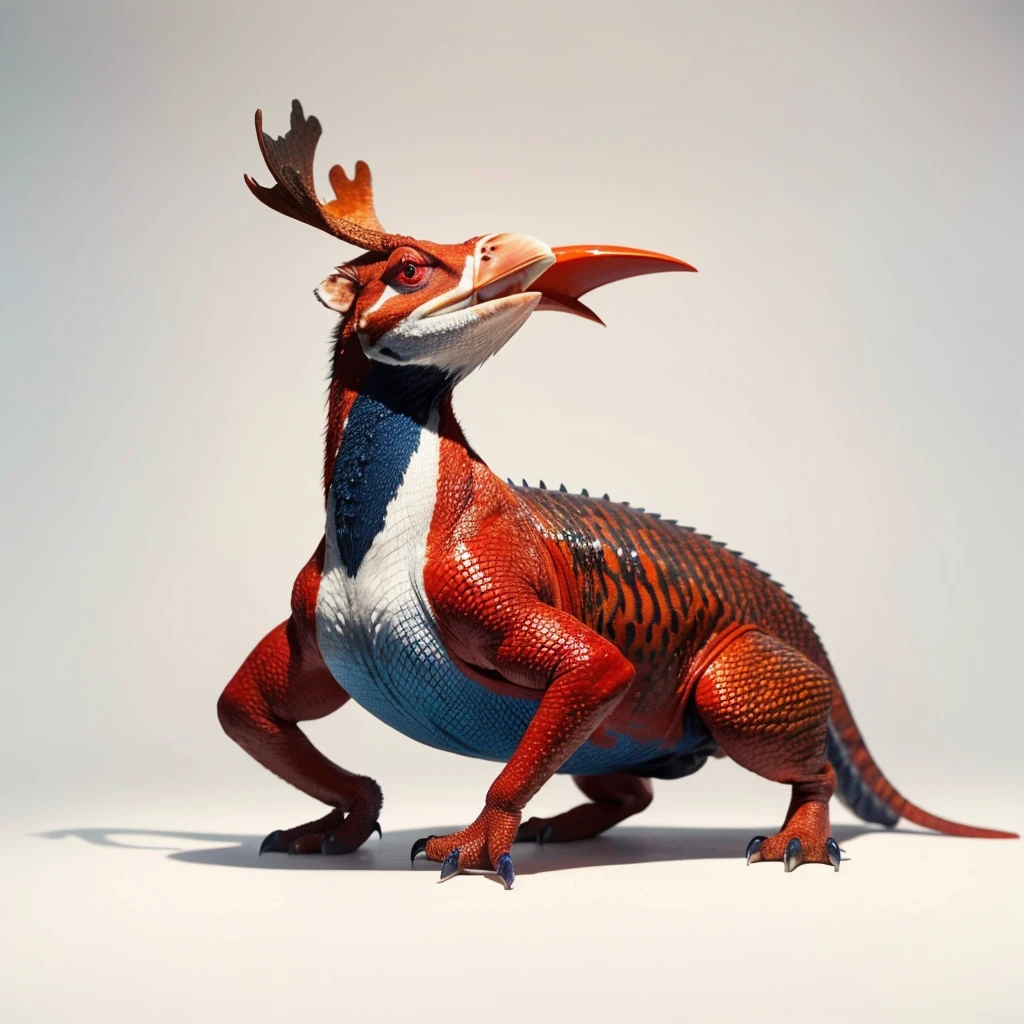 Animaly, reds and blues colour skins, has scales, his body is shaped like a Moose but his face is like a Chameleon and Puffin, silver colour skins, Grassroots background, (white background simpleks)