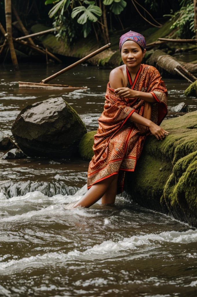 tolong gambar photografik cewe sunda sedang mandi di sungai menggunskan kain batik gambar 4k