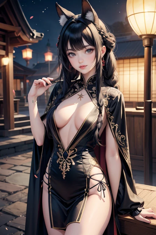 1girl, outside, garden, lavender, wolf ears, animal ears, black hair, long hair, braid hair, oriental dress, black and red dress, ornament hair, hair stick, chinesse style, sanctuary, temple, lanterns, night, 1girl, dress, solo, flowing hair, floating hair, ornament hair, perfectly body, perfectly hands, on garden, petals, centered girl, black dress, more details on her clothes, dress with transparency, golden details, daylight, smiling, cape, ((4k, masterpiece, top-quality)),8k, best quality, high resolution, HD, (illustration:0.8), super cute girl, delicate and beautiful face, mature girl, super cute hairstyle, (beautiful detailed eyes:1.6), extremely detailed face, perfect lighting, extremely detailed CG, (perfect hands, perfect anatomy), Best quality, cleavage, small skirt, full Body,