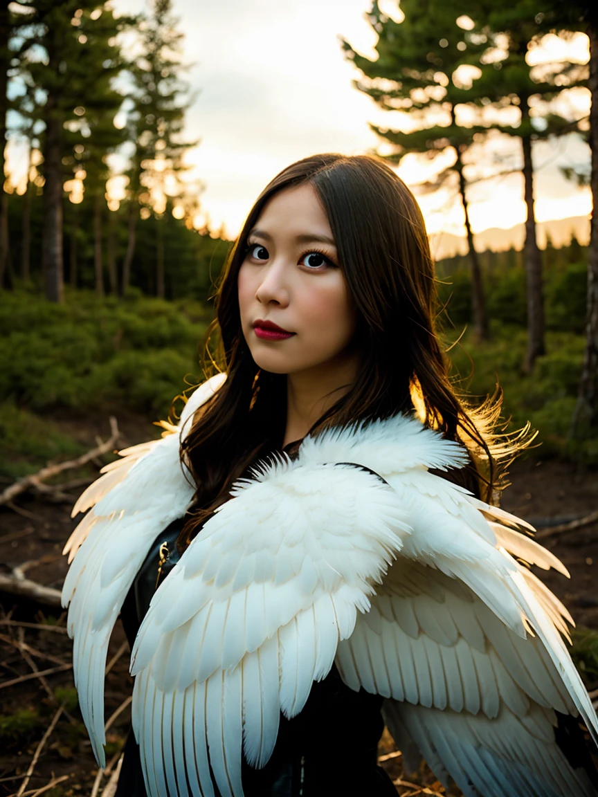 wide-view low angle thai-canadian lady embodying the duality of angelic and demonic elements. On the left, an angelic wing unfurls, white and feathered, In contrast, the right side features a demonic wing, dark and leathery like that of a bat, representing darkness and mystery. Above the figure’s head to the left floats a halo, glowing with an ethereal light, while on the right side, a ram’s horn spirals out, in frozen forest and flaming mountain background