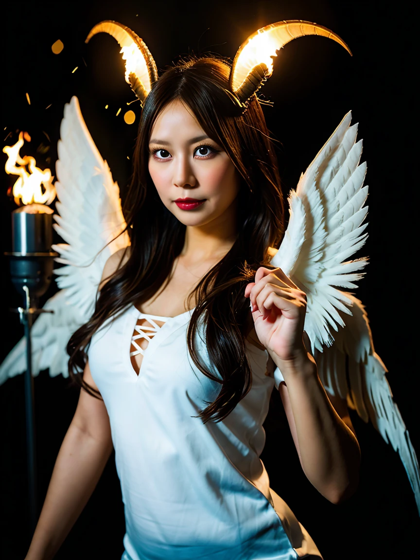 wide-view low angle thai-canadian lady embodying the duality of angelic and demonic elements. On the left, an angelic wing unfurls, white and feathered, In contrast, the right side features a demonic wing, dark and leathery like that of a bat, representing darkness and mystery. Above the figure’s head to the left floats a halo, glowing with an ethereal light, while on the right side, a ram’s horn spirals out, in frozen forest and flaming mountain background