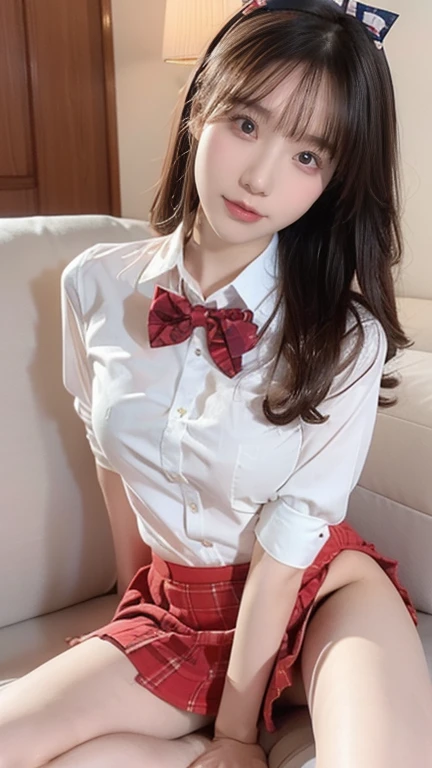 Arabian style Asian woman wearing a white shirt and red bow tie sitting on a sofa, Cute school girl, hyperRealistic , a hyperRealistic , High school girl posing, Thigh close-up, Realistic , wearing Japanese , Japanese girl , Japanese , Legs close-up, lower angle, Crossing your legs