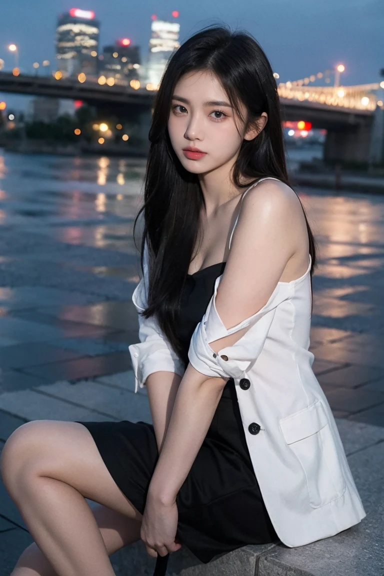 21 year old girl, Black Hair, City Background,