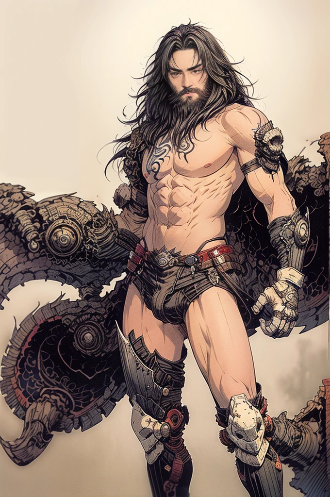 best quality,masterpiece,Ultra-high resolution,1 person,looking at the audience,one,Yamamoto Takashi style,
simple background,White_background,Machinery Division，Exoskeleton，Cold-blooded bearded man，toughboy style, Shirtless, muscle, tattoo