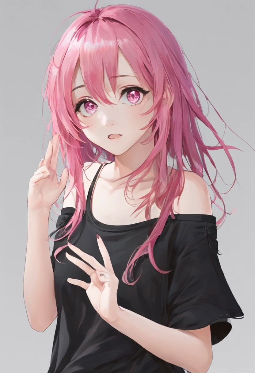 A girl waving her hand, masterpiece, detailed, perfect anatomy, perfect fingers, 1girl, loli, long hair, pink hair, messy hair, ahoge, pink eyes, bright eyes, lazy eye, black t-shirt, oversized clothes, off shoulder, short sleeves, collar bone, expressionless, cowboy shot, normal pose, front view, best quality, white background
