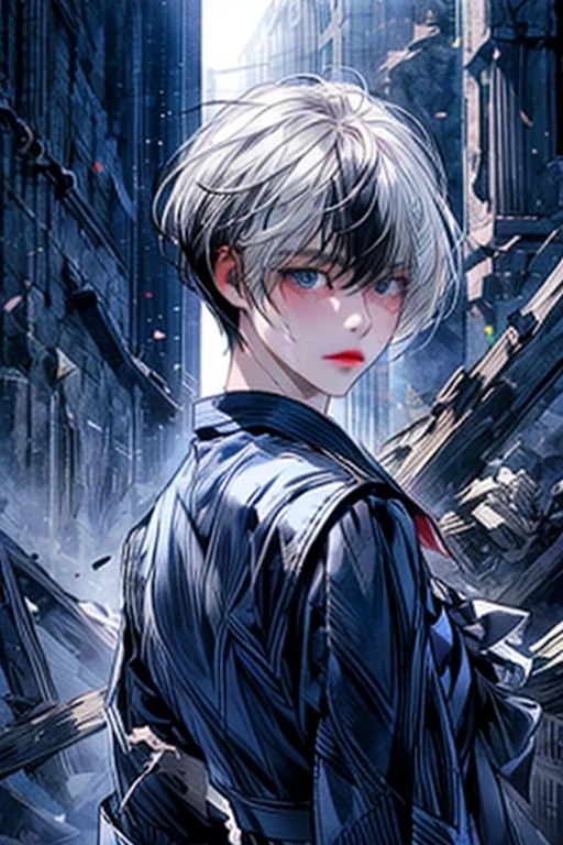 masterpiece,best quality,ultra-detailed,8k,high resolution,vulcn style, Black and Red,One Girl,(short hair:1.2),Highly detailed eyes,Highly detailed face,Very fine hair,8k,masterpiece,Highest quality,(Left and right split theme:0.8),Without gaps,Heterochromia iridis,((2 tone hair:1.0)),(Chiaroscuro:1.0),(On the left are black hair and red eyes,On the right are white hair and blue eyes:1.2),(Sailor suit:1.2),Complete Anatomy,the whole body is facing forward