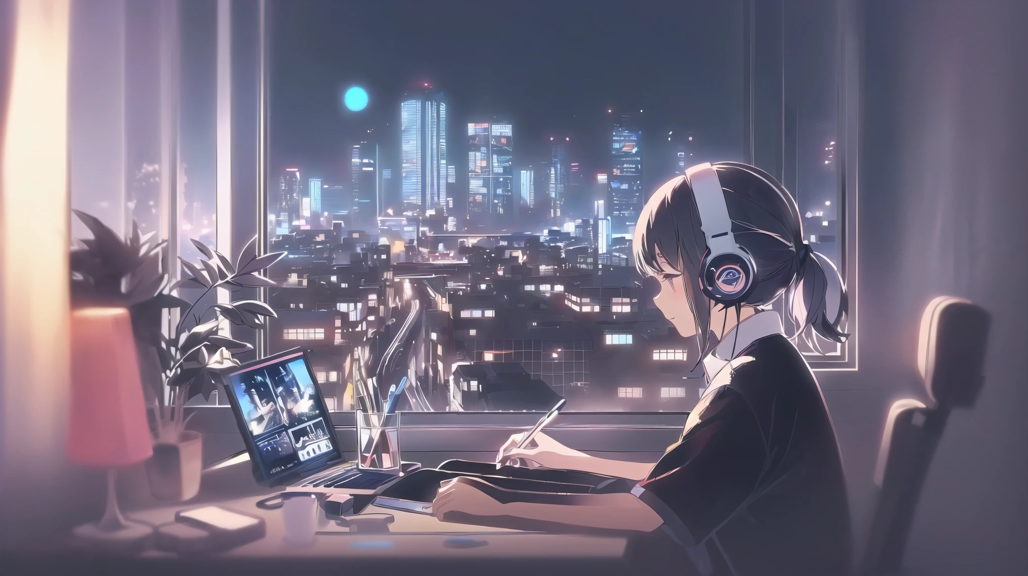 Anime girl sitting at the table,Wearing white suspender pajamas,Good figure,Wearing headphones, The anime-style city view is outside the window, Downtown Cyberpunk,lo-fi artstyle, Anime style 4K, Lo-Fi Girl, Anime atmosphere, Anime Background Art, Anime style illustration, Low-fidelity portraits, 4.5 tatami apartment anime scene, Modern anime style, Summer evening,Digital Illustration, Low-fidelity illustration style, lo-fi art