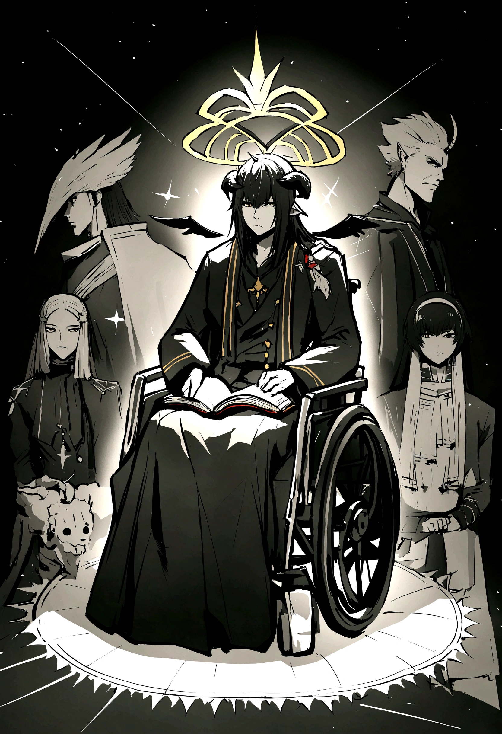 Obra de arte:1.2, melhor qualidade, ultra detalhado, macho, focado, celestial demon wizard, Jovem, serious, frio, horns on her head and a shining golden halo behind her symbolizing her celestial and demonic duality, two large black wings that combine bright plumes with a dark and threatening appearance, cabelo negro, estilo de kentaro miura, fantasia, SCI-FI, fundo claro, a painting of a man in a black robe sitting in a wheelchair, holding an open ancient magical book, Vista-o com vestes escuras e majestosas com detalhes dourados, cabelo negro, cabelos escuros, anjo demoniaco, plumas negras, asas negras grandes, inspired por Edmundo Blampied, inspired por Nicola Samori, inspirado em Pietro Longhi, por Nicola Samori, por Edmundo Blampied, Direction: Stephen Gammell, Estilo Stephen Gammell, figura sinistra ao fundo, Direction: Leonaert Bramer, Direction: Johann Kaspar Füssli .