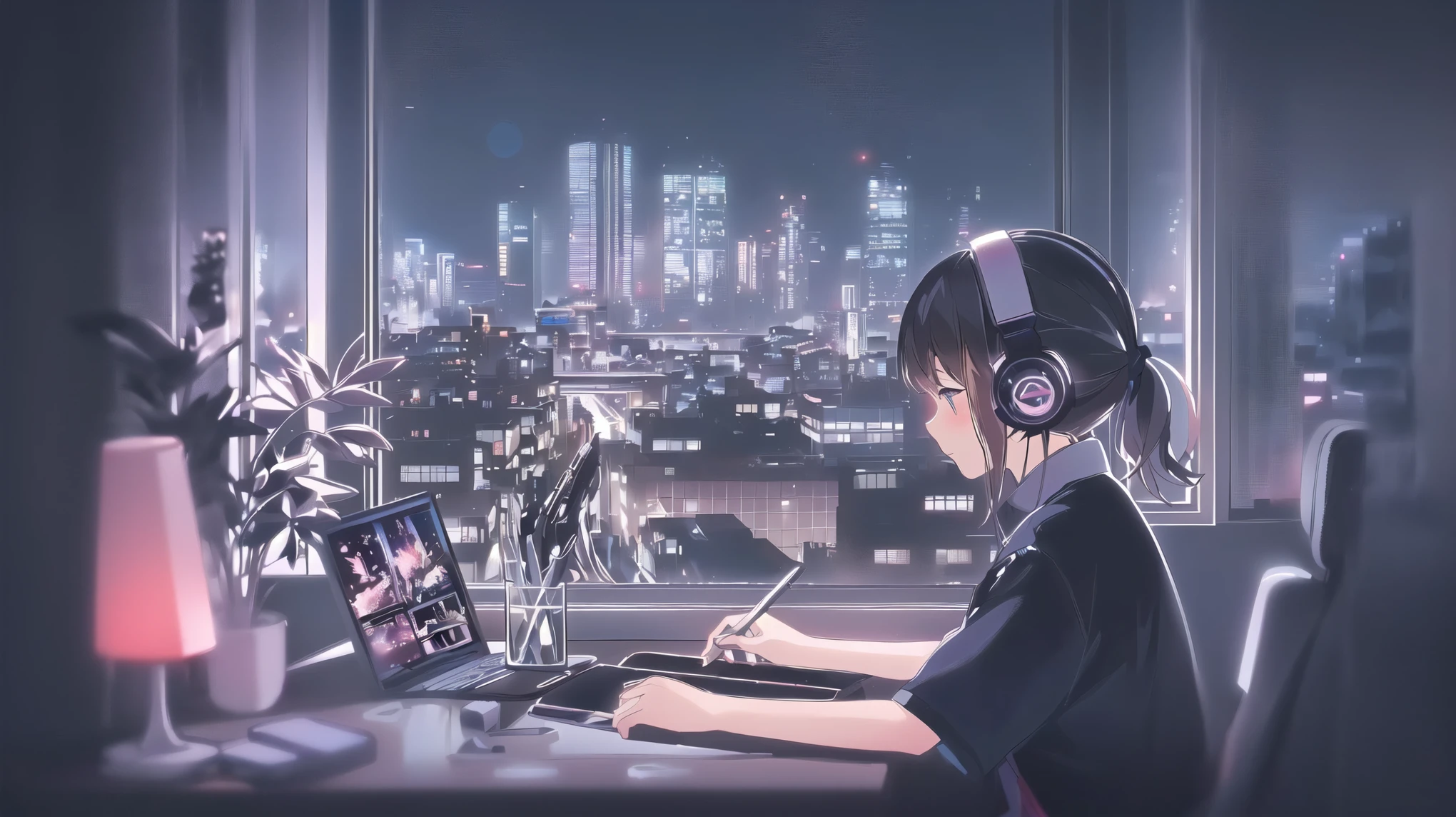 Anime girl sitting at the table,Wearing white suspender pajamas,Good figure,Wearing headphones, The anime-style city view is outside the window, Downtown Cyberpunk,lo-fi artstyle, Anime style 4K, Lo-Fi Girl, Anime atmosphere, Anime Background Art, Anime style illustration, Low-fidelity portraits, 4.5 tatami apartment anime scene, Modern anime style, Summer evening,Digital Illustration, Low-fidelity illustration style, lo-fi art