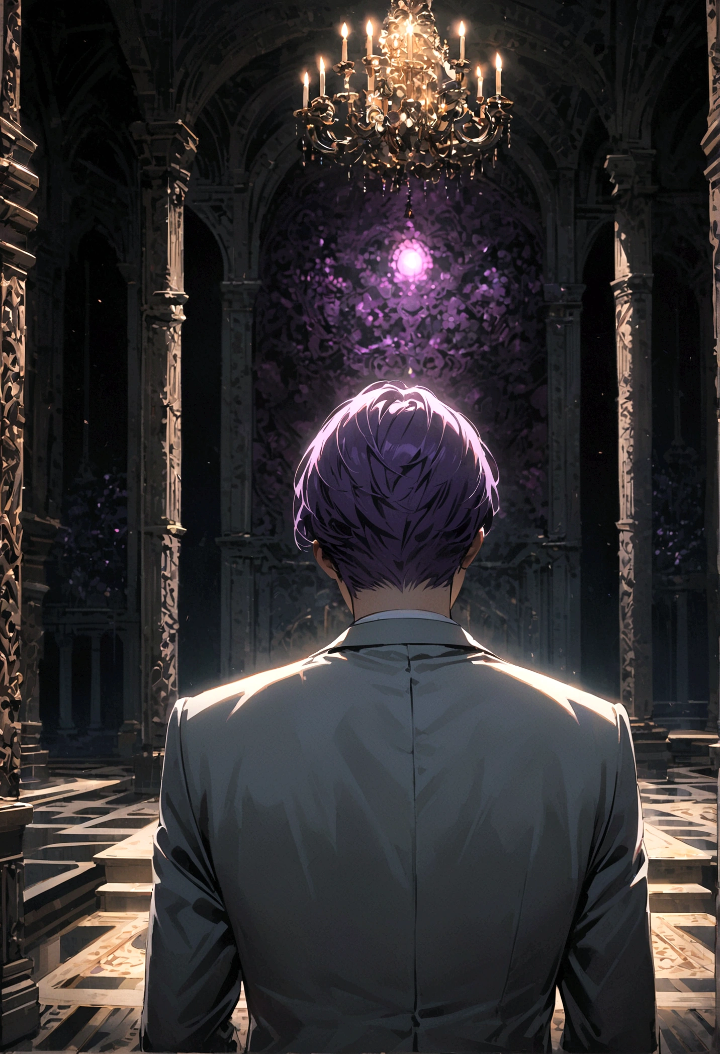 A man with purple hair and white eyes in a gray suit, his back turned half his face, stood alone in the middle of the palace at night.