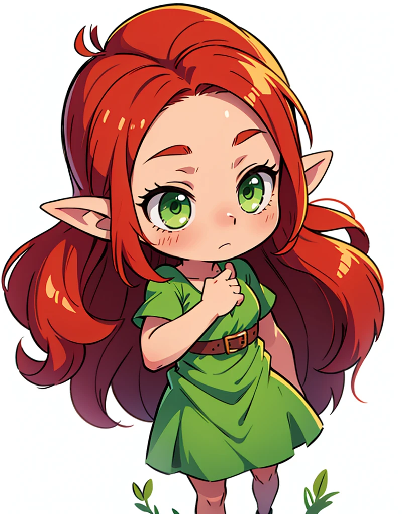 a chibi elf woman, with long auburn red hair and green eyes, wearing a green dress, worried