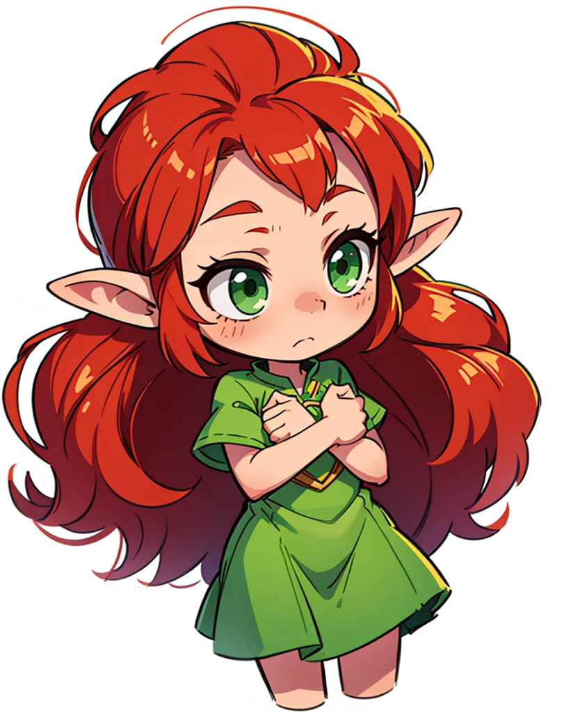 a chibi elf woman, with long auburn red hair and green eyes, wearing a green dress, worried