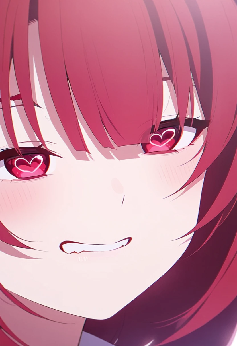Anime girl beautiful red hair There are heart eyes in the eyes biting lip