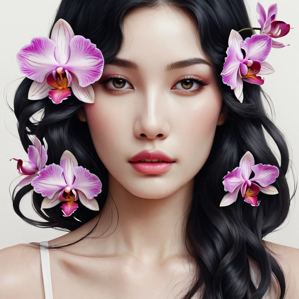 Modern minimalist art，,This woman has a pretty face，Black long hair，（orchid tattoo on the neck：1.3），Flowing hair illustration，Fair face， slim, beautiful eyes， Elegant digital art, Beautiful digital illustrations, Beautiful character painting,
