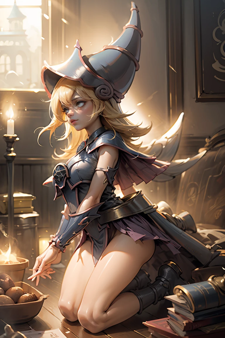 (Obra maestra:1.2), (La mejor calidad:1.2), perfect lighting, Chica Maga Oscura lanzando un hechizo, En sus veinte, flotando en el aire, tetas grandes, escote, bata azul, sombrero grande, desde arriba, Destellos, Yugioh juego, magic of the heart. luces del corazon, Romantic heart