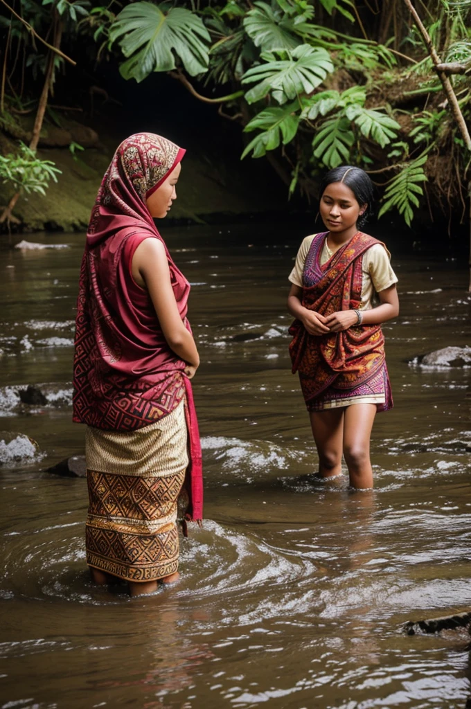 tolong gambar photografik cewe 16thn sunda sedang mandi di sungai menggunskan kain batik gambar 4k