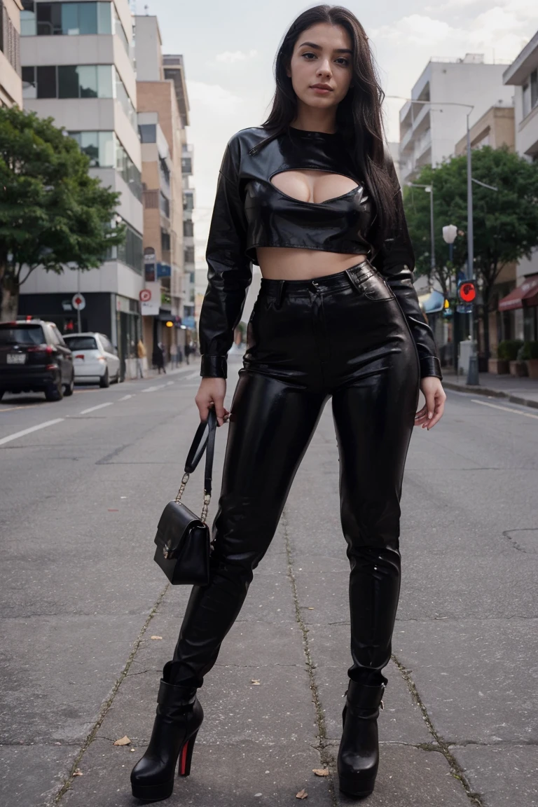 Full body perfect image, 20 years old, curvy Black hair very stunning cute face with makeup, dressed in black leather pants, standing with high heels.