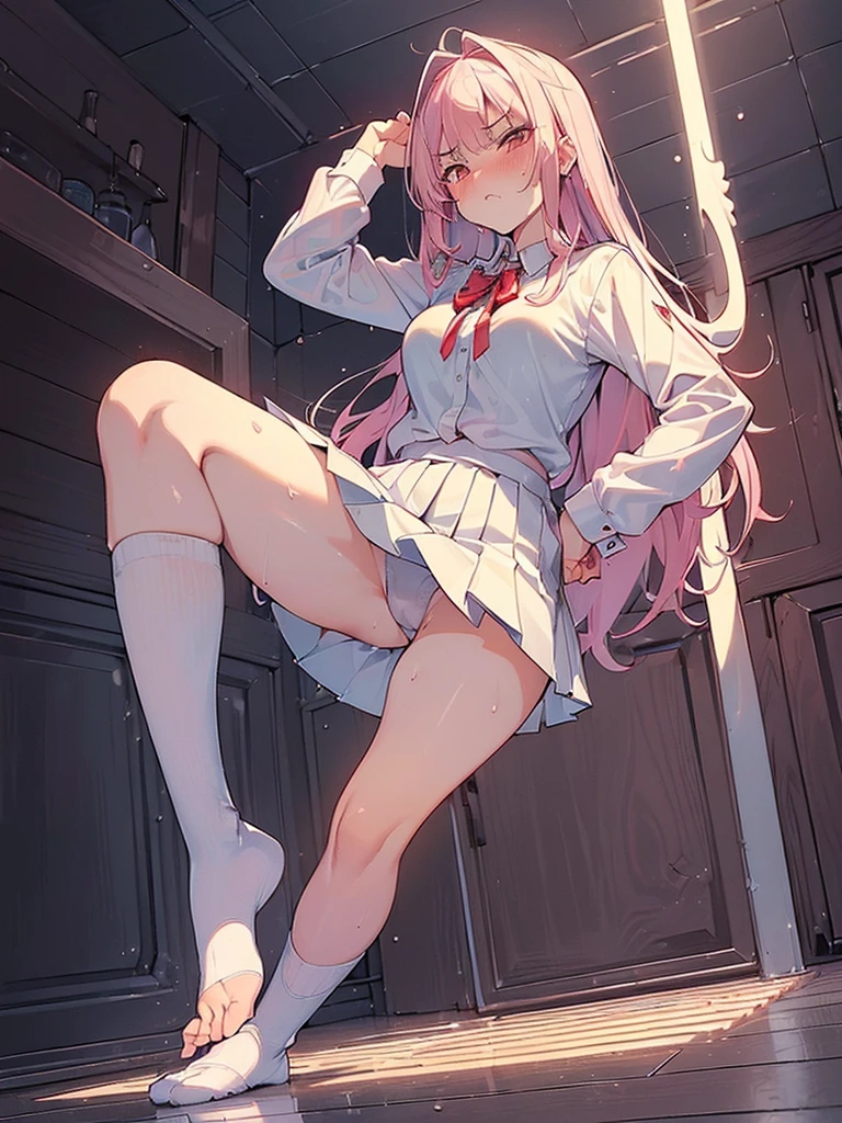 (((((Dildo on the floor:1.5, standing, spread legs:1.5, Point your knees outwards:1.5 ) behind head,spread legs, Push your hips forward,pussy juice , Voluptuous body, Slut、No pants, (Dildo on the floor, standing, spread,arms behind head, Point your knees outwards:1.5, Sweat, Angle from below)))), Realistic composition, Doujinshi scene,, Big Thighs, Pleated skirt, White Shirt, Angry face, blush, from below