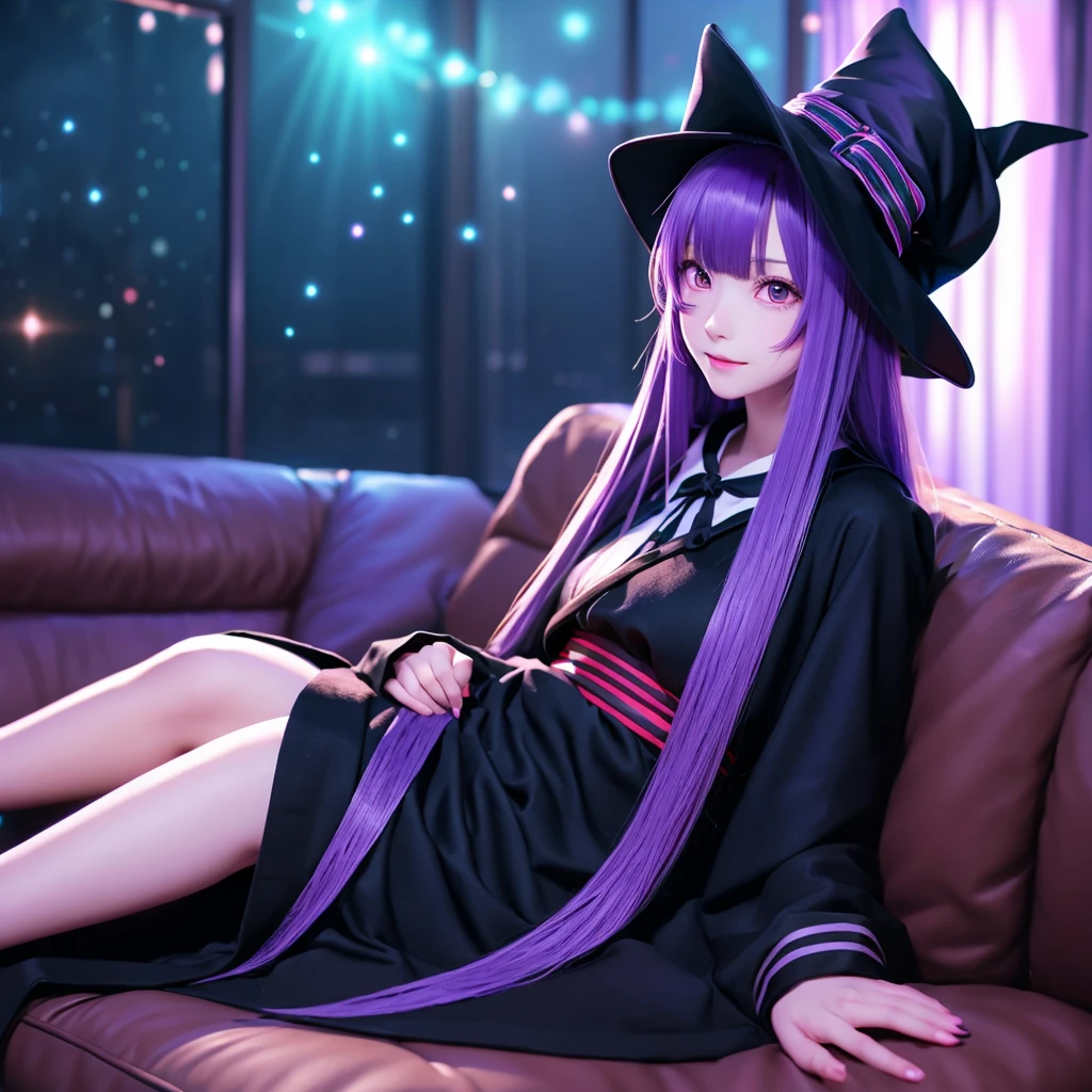 anime girl long purple hair wearing a black Robe. she has pointy ears. Witch Hat. Manga kawaii. iridescent ,An illustration, Sit on the sofa, (no background)
