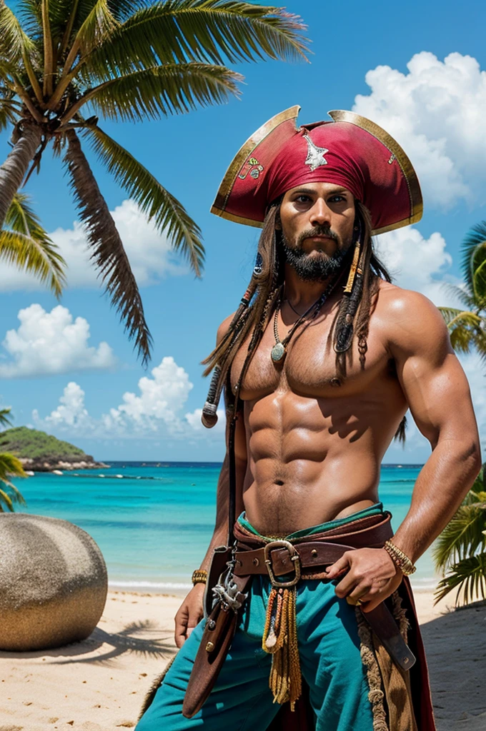 Create a pixel art image of a pirate on a Caribbean island. The pirate should have a traditional tricorn hat, an eye patch, a beard, and a tattered coat. Include a tropical setting with palm trees, sandy beaches, and a treasure chest half-buried in the sand. The pirate should be holding a cutlass and have a parrot on his shoulder. Use vibrant colors to depict the tropical environment and ensure the pirate has a rugged, adventurous look."